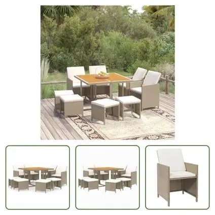 vidaXL Meubles à dîner de jardin et coussins 9 pcs Poly rotin Beige