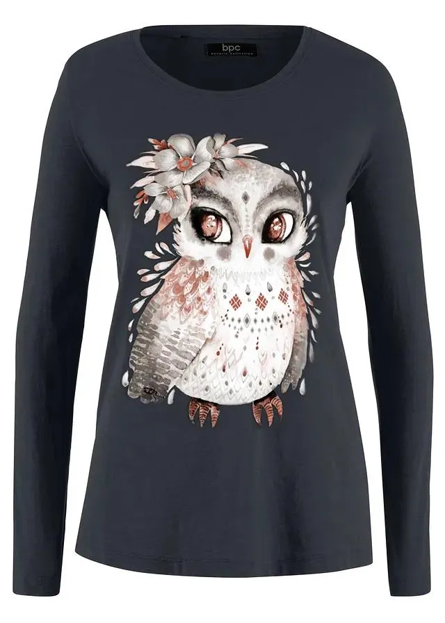 T-shirt manches longues en coton à imprimé hibou