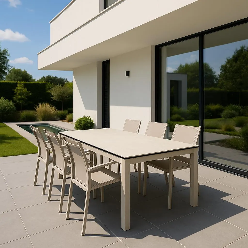 Yuma tuintafel in beige aluminium en beige keramiek met boca stapelstoelen