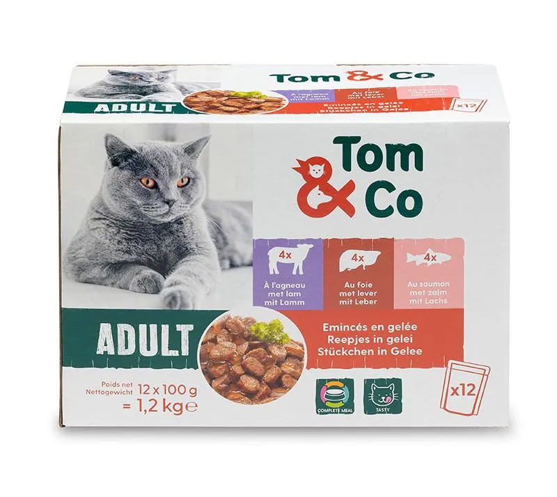 Tom&co stukjes gelei 12x100g zalm lam lever voor kat adult