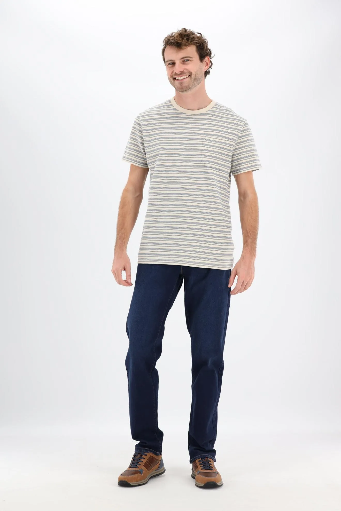 Blauw/ecru gestreept T-shirt in wafelstructuur