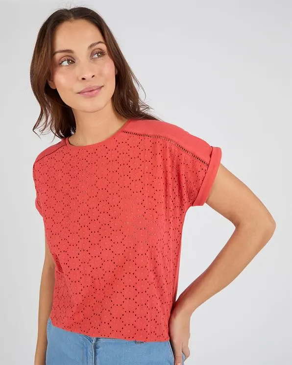 T-shirt van 2 stoffen met Engels borduurwerk