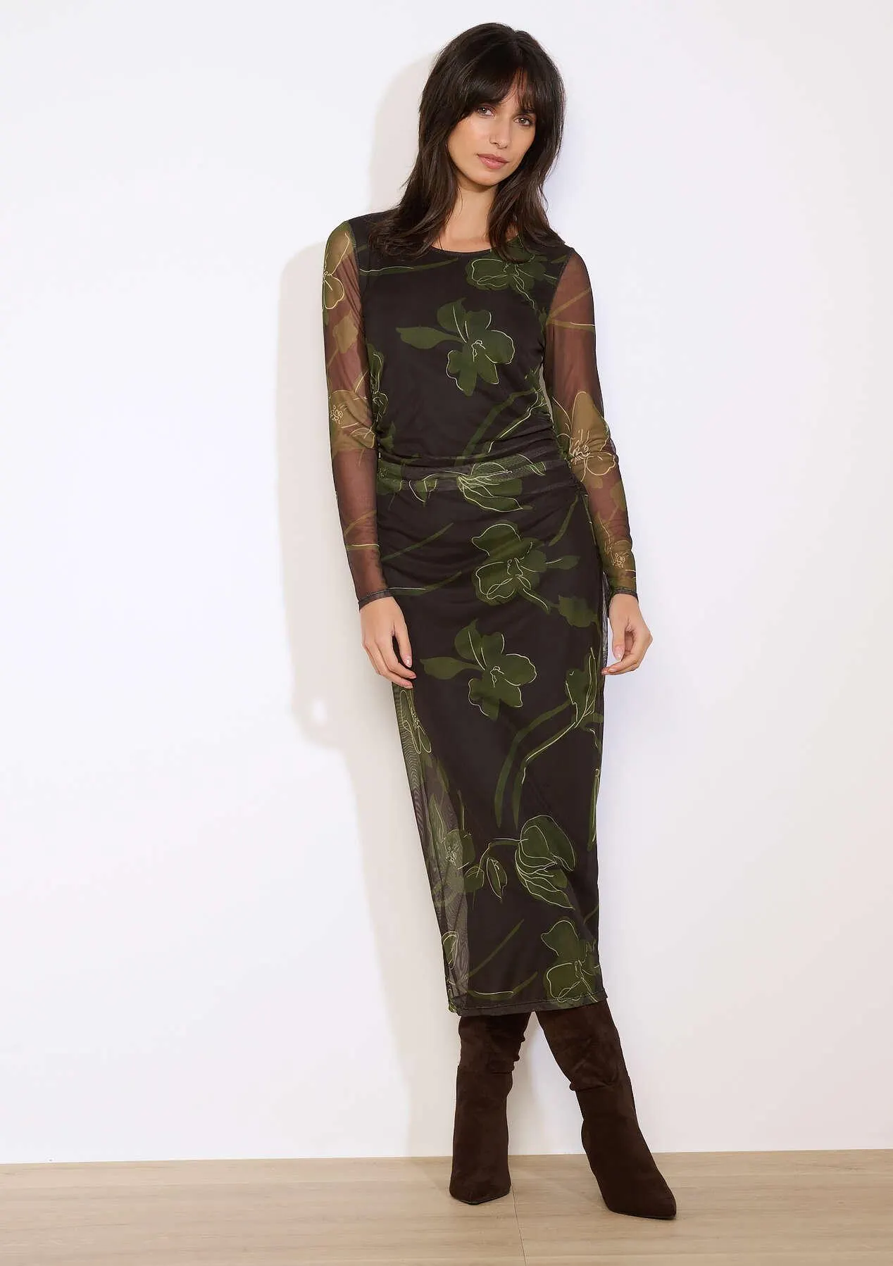 Mesh long dress with floral print