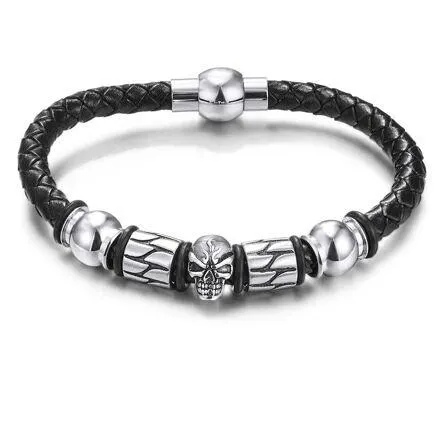 Armband in edelstaal, zwart gevlochten leder met doodskop