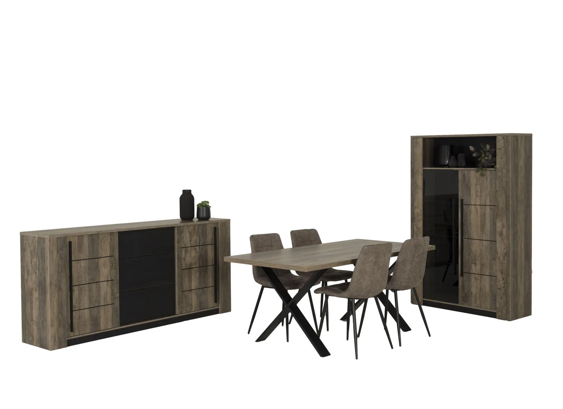 Eetkamer Monaco met 4 stoelen Churchill - tafel 180x90cm - dressoir 206cm - kast 114cm