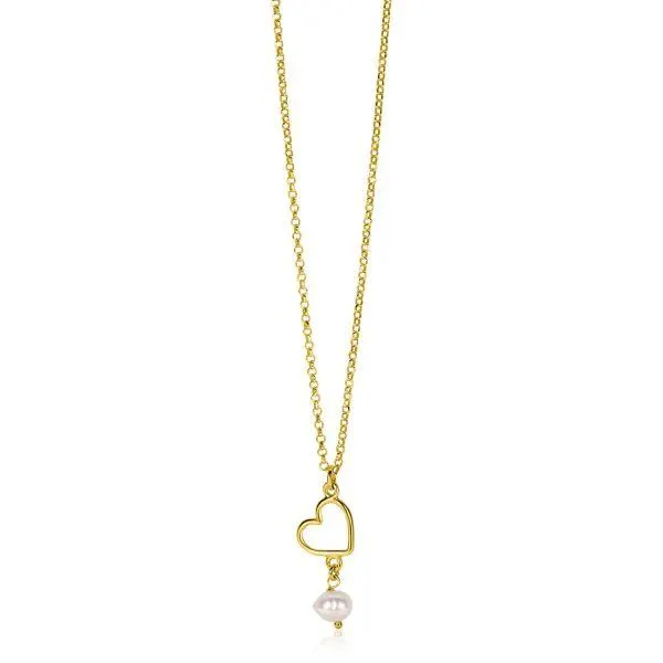 ZINZI gold plated zilveren ketting met open hartje en bungelend witte zoetwaterparel 40-45cm ZIC2642