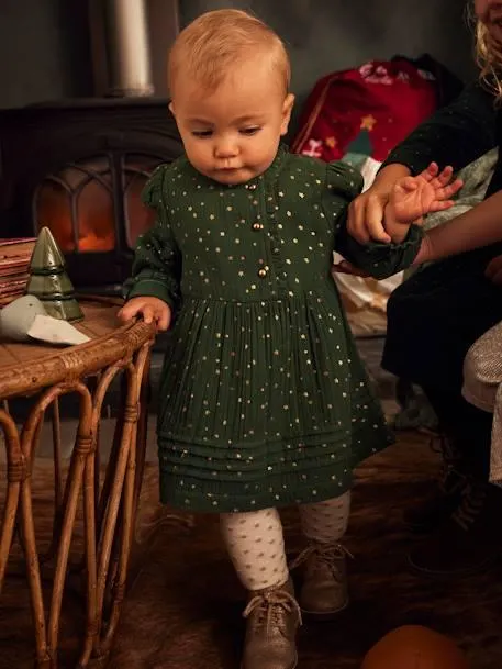 Robe en gaze de coton bébé ouverture décalée - vert foncé imprimé