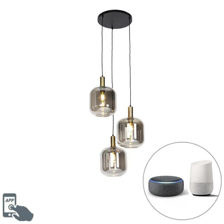 Smart hanglamp zwart met smoke glas 3-lichts incl. Wifi A60 - Zuzanna