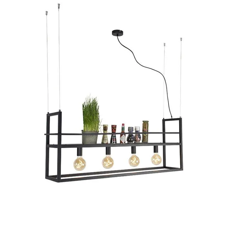 Industriële hanglamp zwart met rek large 4-lichts - Cage Rack