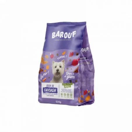 BAROUF LITTLE CRUNCH RICHE EN POULET, À LA PATATE DOUCE, AUX TOMATES ET AVEC DU CURCUMA POUR CHIEN ADULTE 12KG