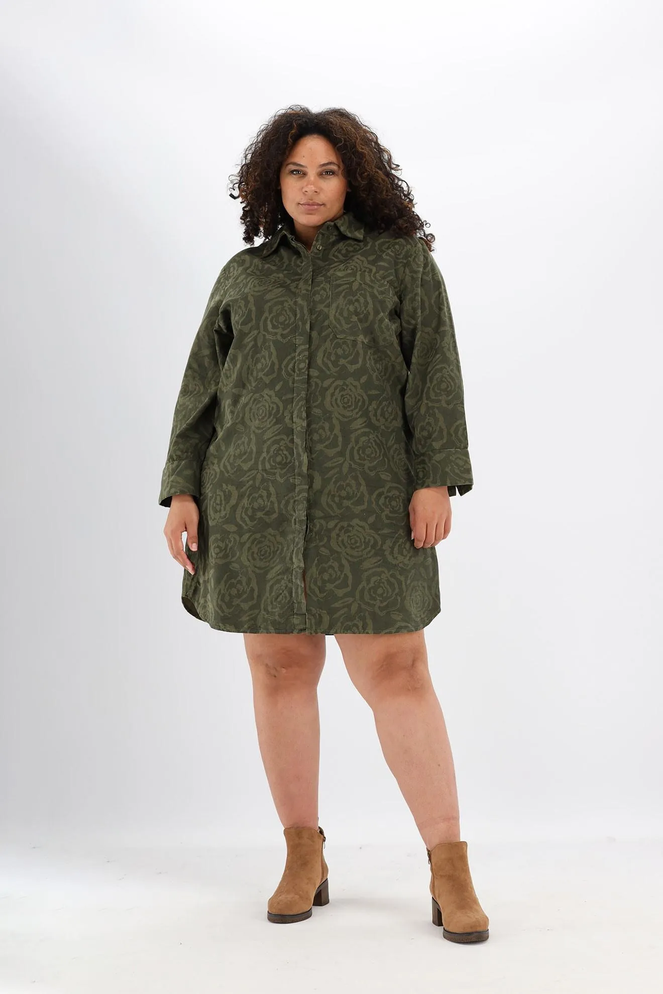 Kaki gebloemde korte corduroy jurk