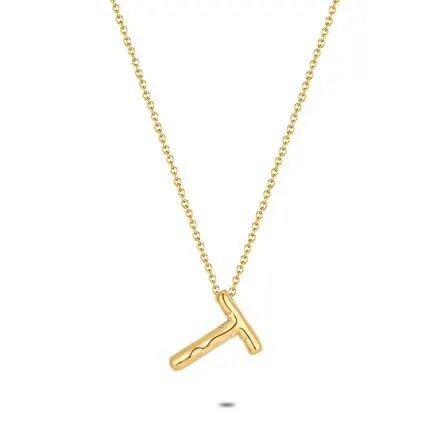 Halsketting in goudkleurig edelstaal, bubble letter T