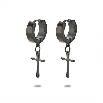 Oorbellen in edelstaal, oorring met kruis, zwart