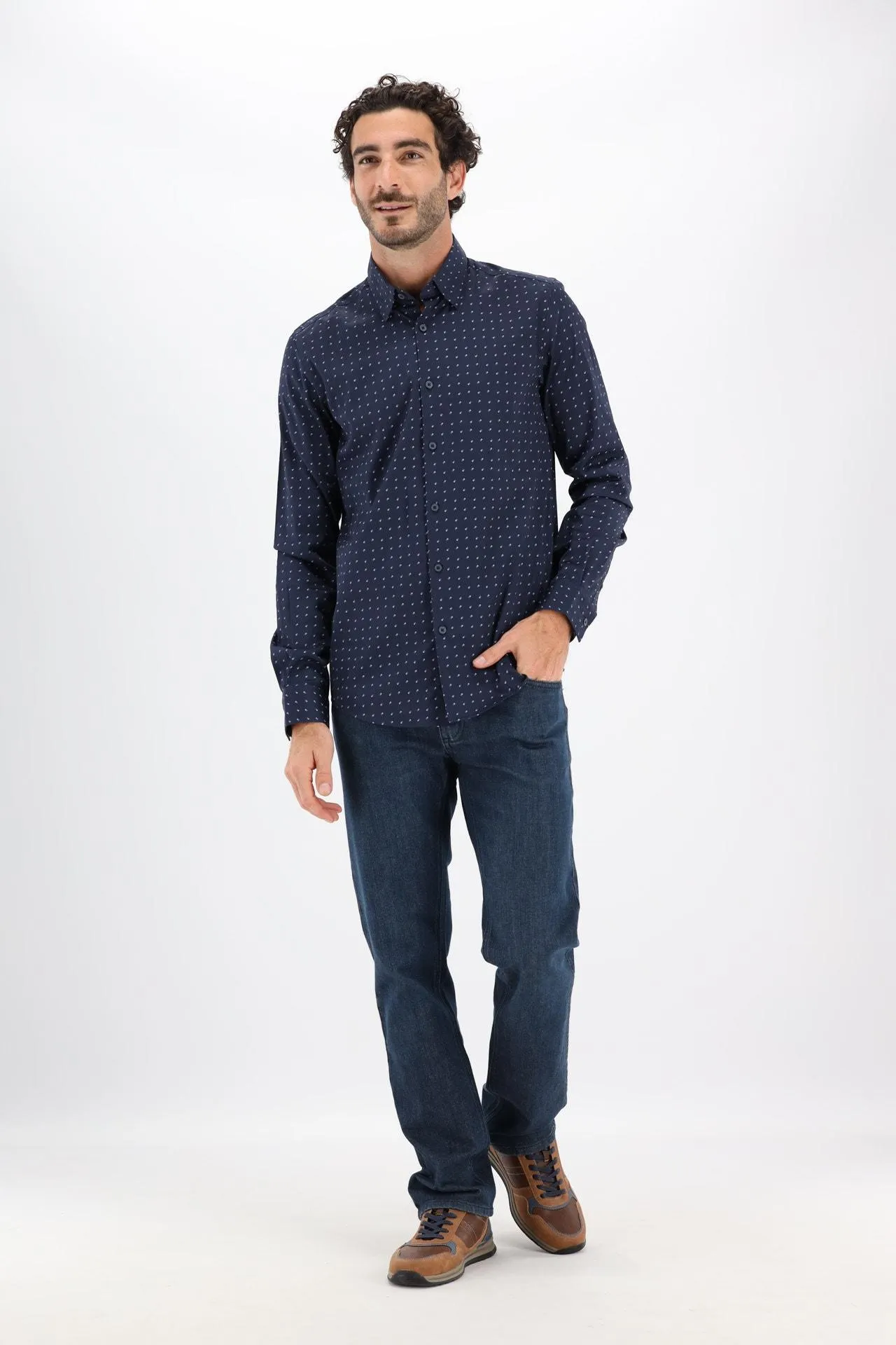 Donkerblauw hemd met kleine vierkanten lange mouw