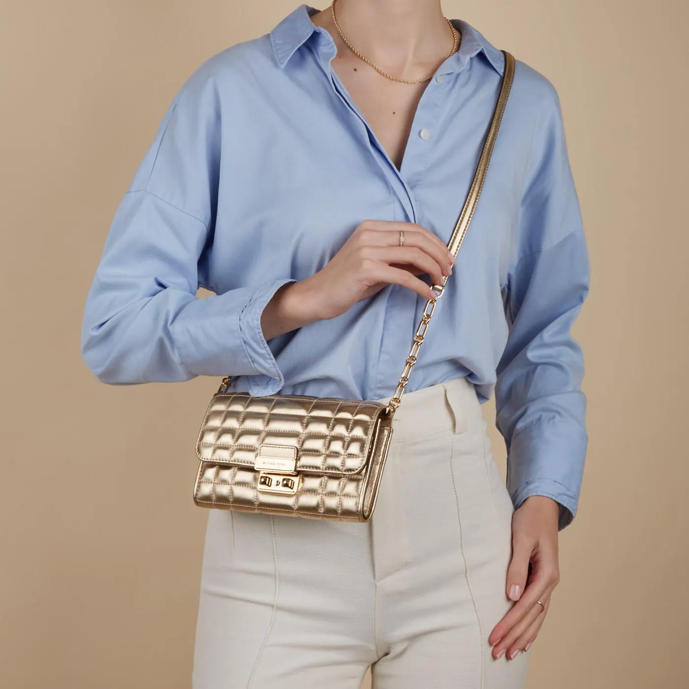 Tribeca Goudkleurige Kalfsleren Handtas 32S4G2RC9K-740