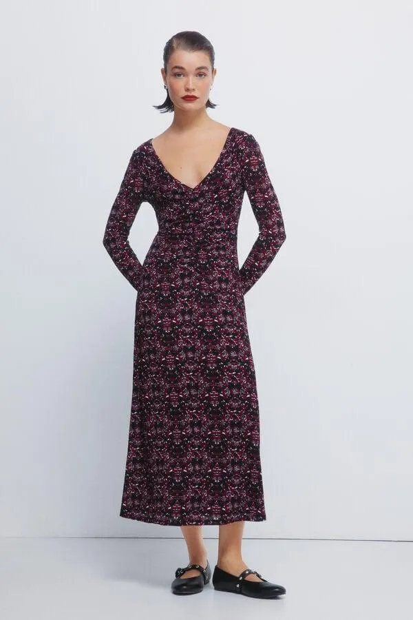 Vestido midi escote frunces estampado