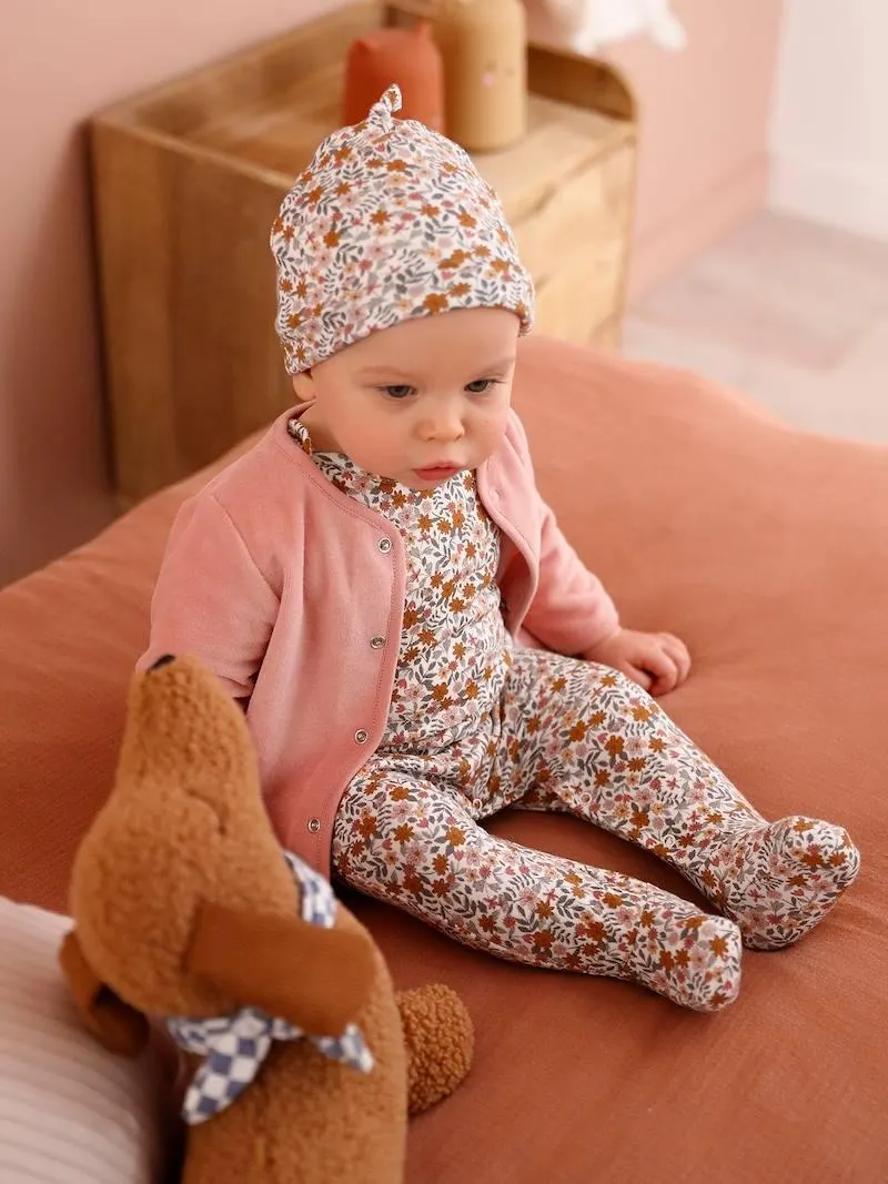 Ensemble naissance body + salopette + bonnet + gilet personnalisable - rose