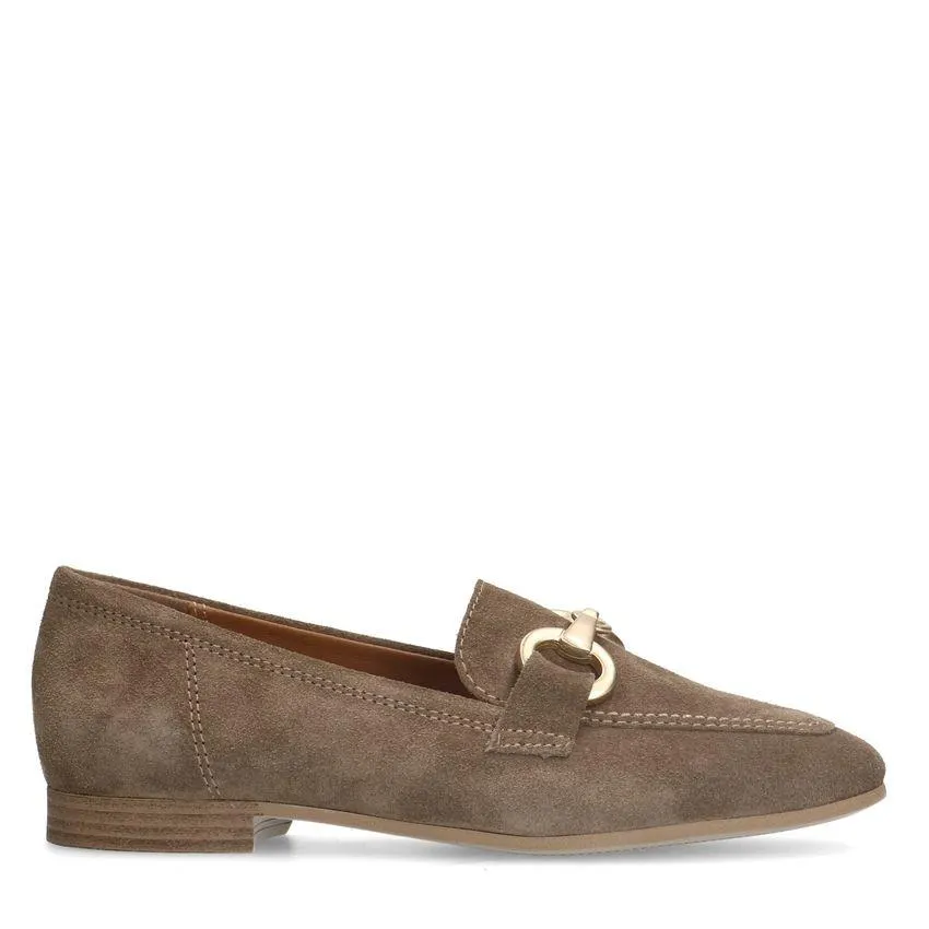 Taupe suède loafers met goudkleurig detail
