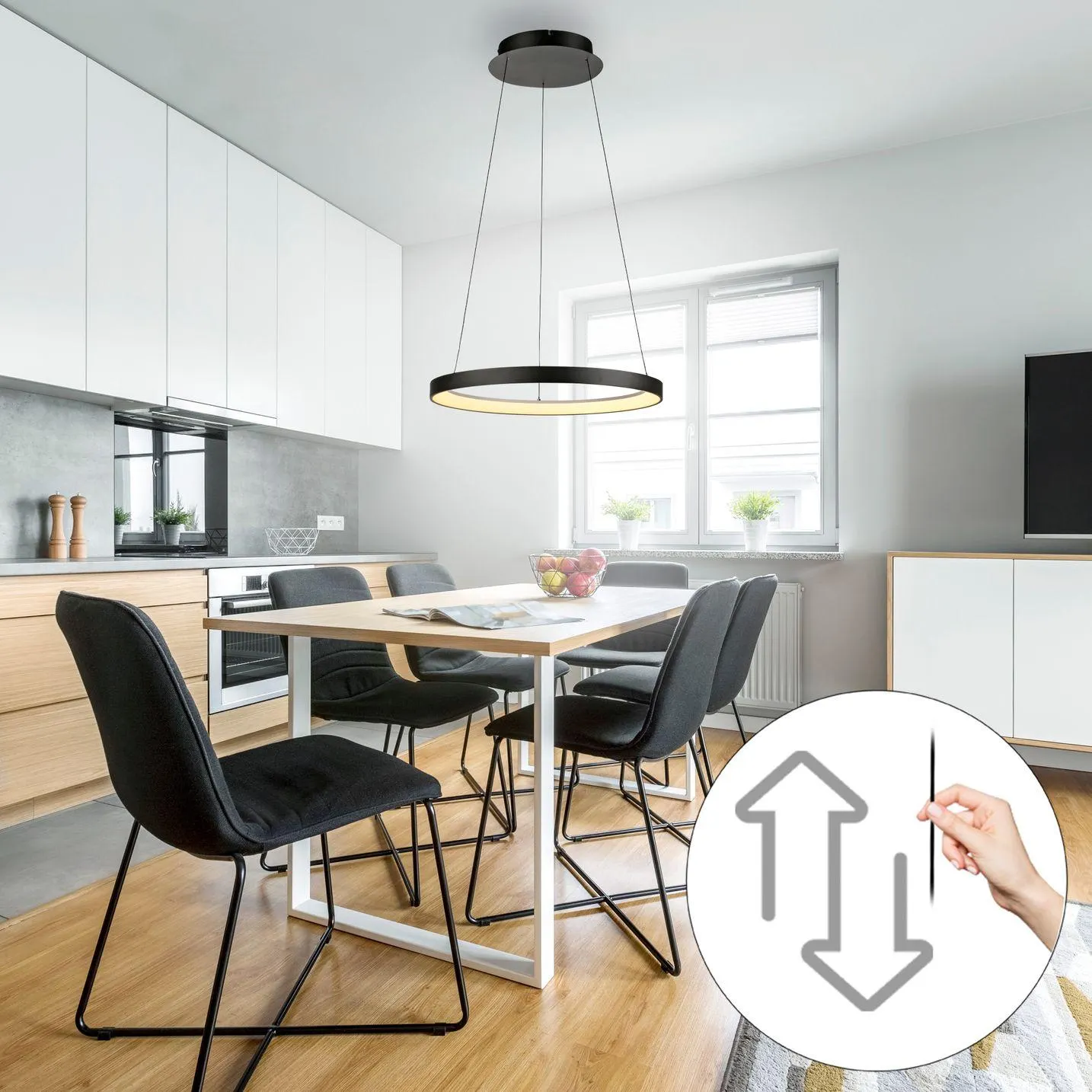 Design hanglamp zwart incl. dimbare LED Easylift - Hoop