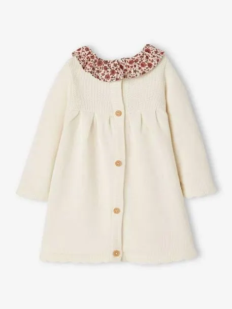 Robe en tricot bébé col en tissu fleuri - ivoire