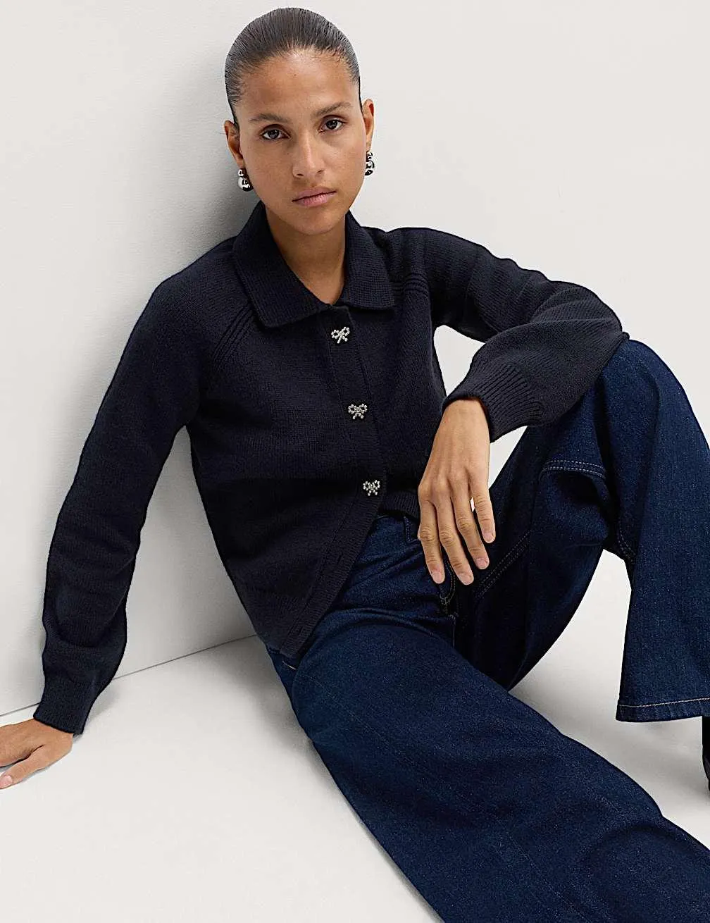 Embellished Collared Cardigan with Wool