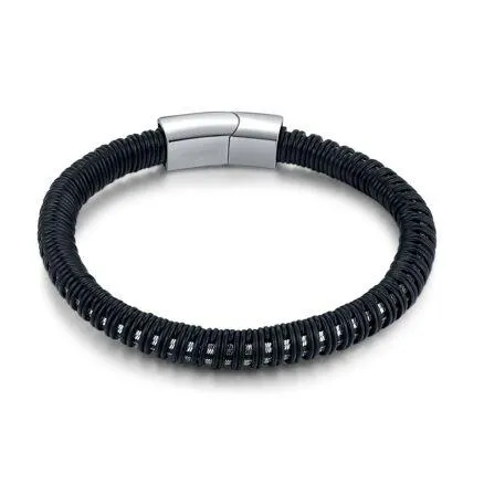 Armband in edelstaal, zwart leer