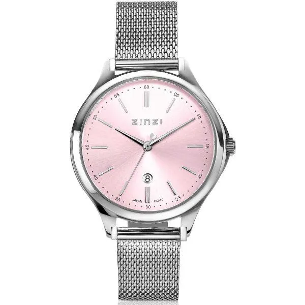 ZINZI Classy horloge 34mm roze wijzerplaat stalen kast en band datum ZIW1041M