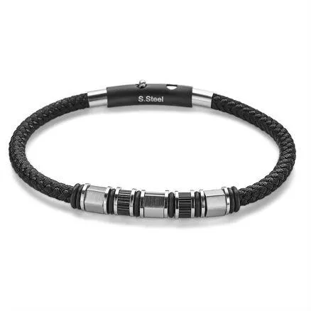 Armband in edelstaal, zwart gevlochten koord, zwart staal