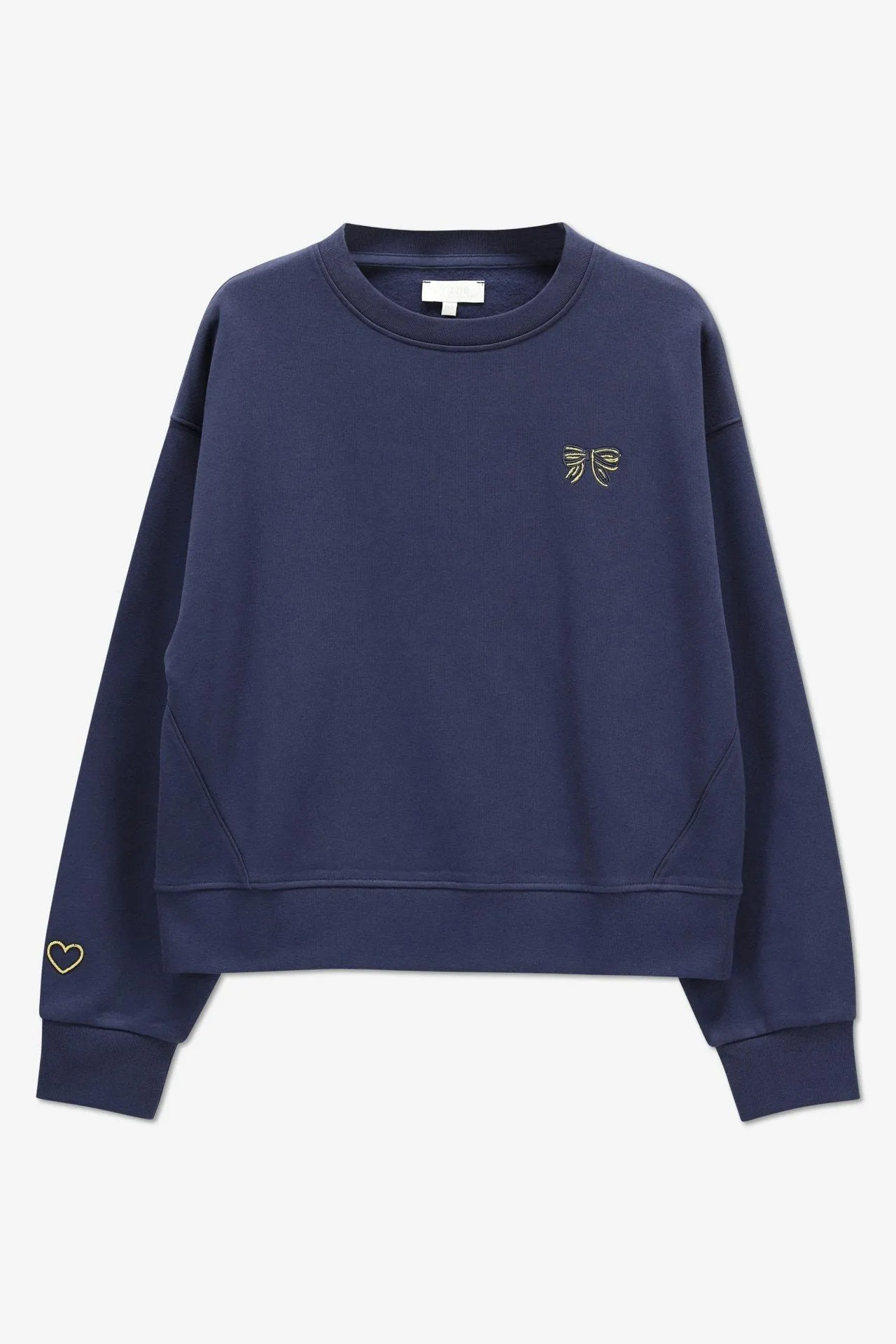 Donkerblauwe sweater met geborduurd strikje