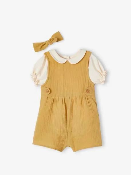 Ensemble 3 pièces bébé T-shirt, combinaison et bandeau personnalisable - jaune pâle