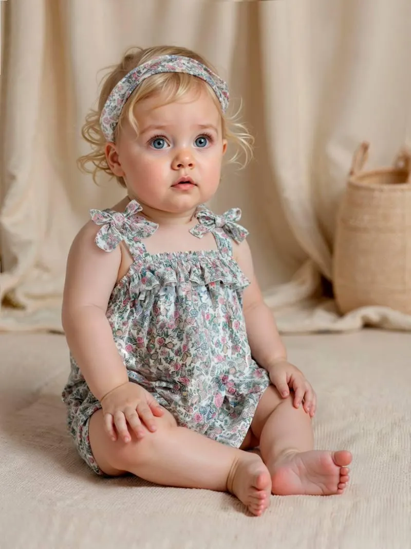 Ensemble naissance robe et bandeau imprimés - écru