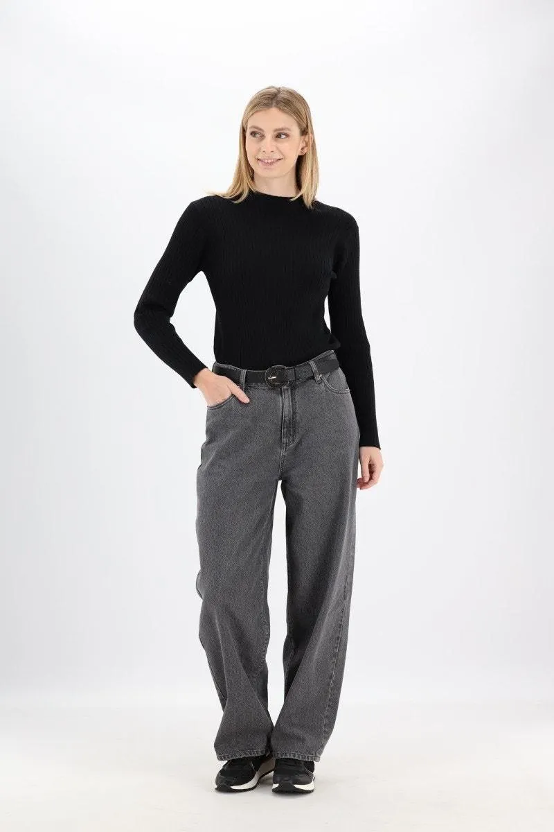Zwarte rib trui met opstaande kraag