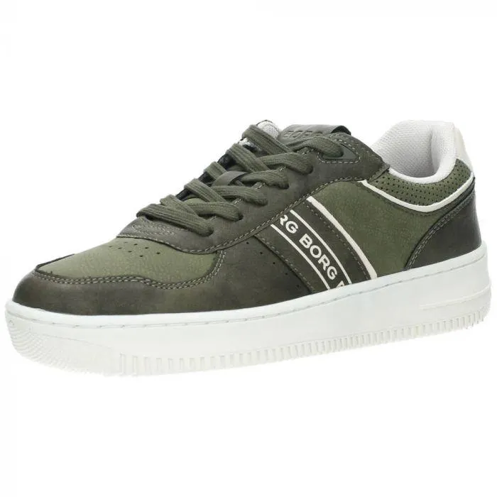 Kaki sneakers met ecru accenten. Het model dat we tonen op de foto is maat 41.