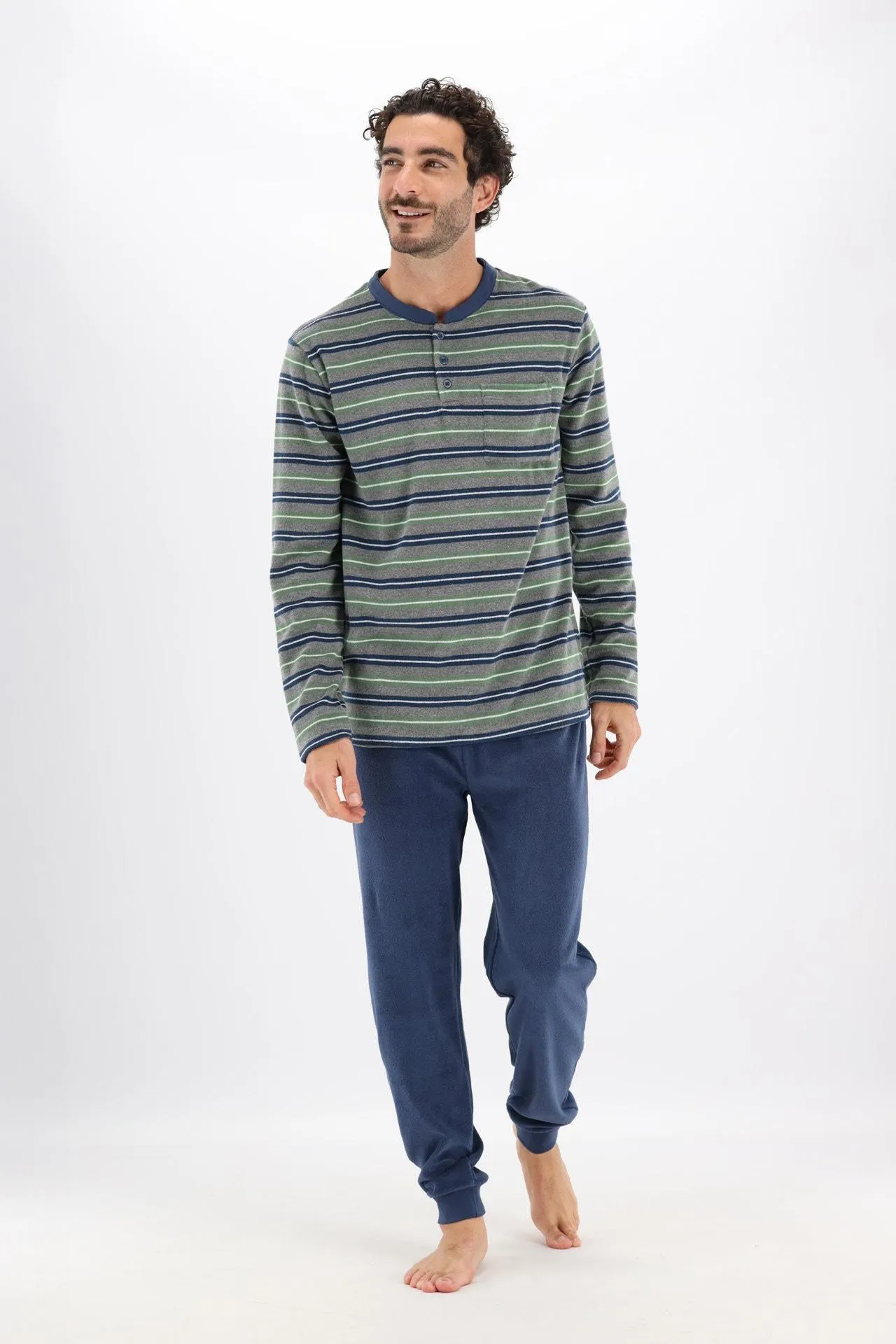 Blauw/grijs/groen gestreepte pyjama in badstof