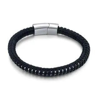 Armband in edelstaal, zwart leer