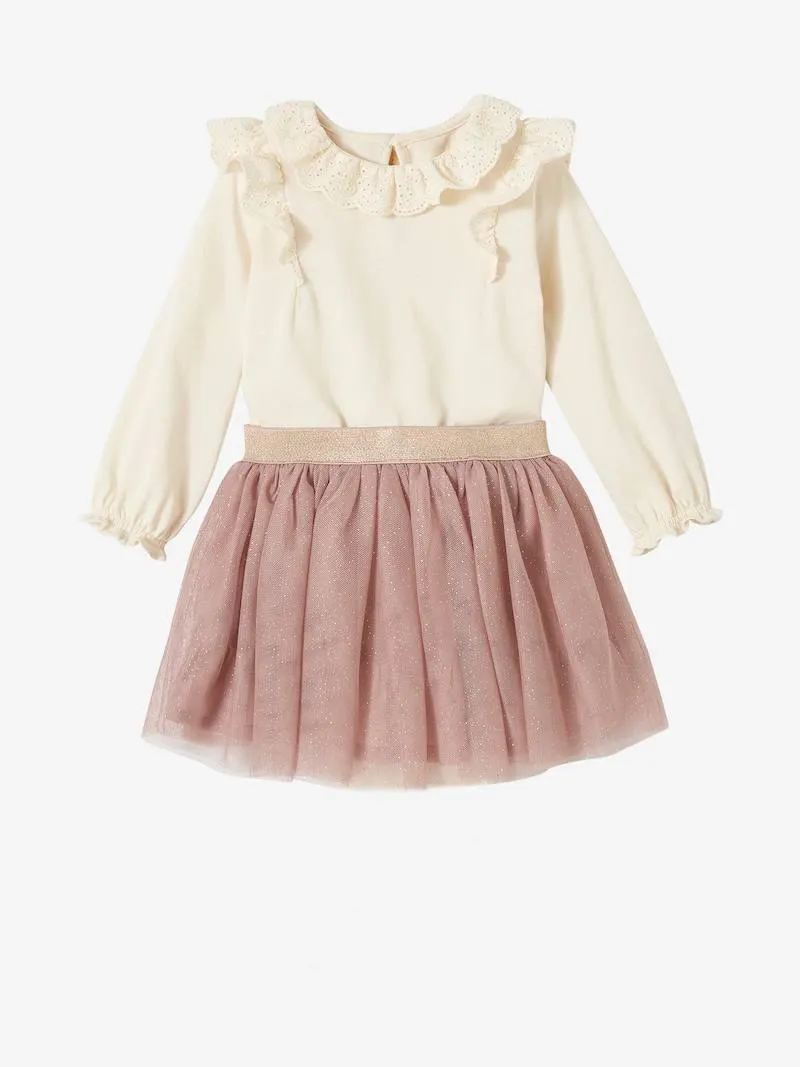 Ensemble bébé fille T-shirt à collerette jupon tulle - écru