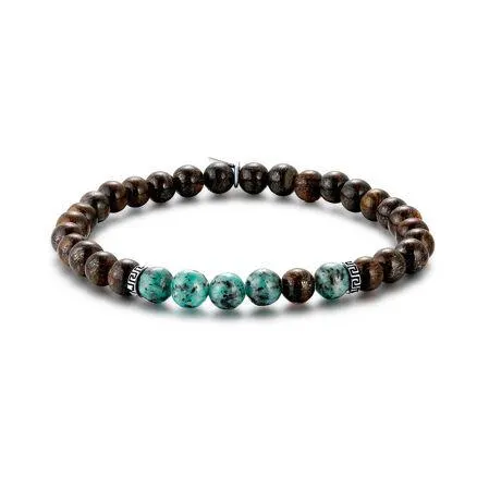 Armband in edelstaal, groene en bruine bollen