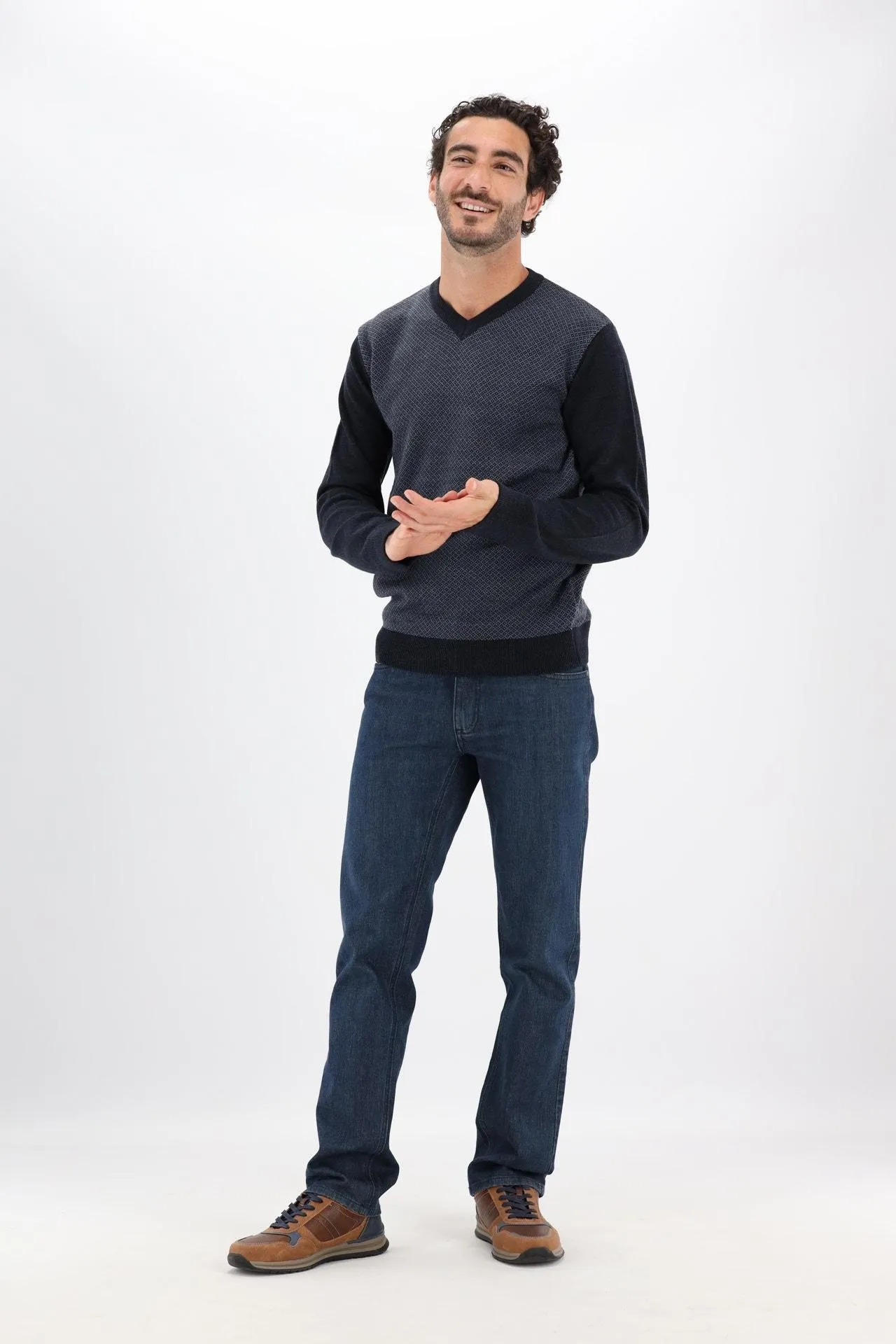 Donkerblauwe trui met ruitmotief