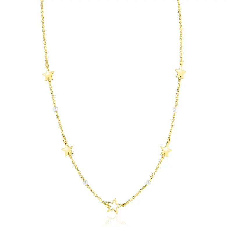 ZINZI goldplated zilveren ketting 45cm met glanzende sterren en witte pareltjes ZIC2780