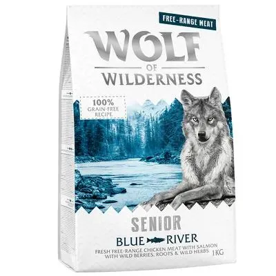 Wolf of Wilderness Senior Blue River poulet élevé en liberté, saumon pour chien