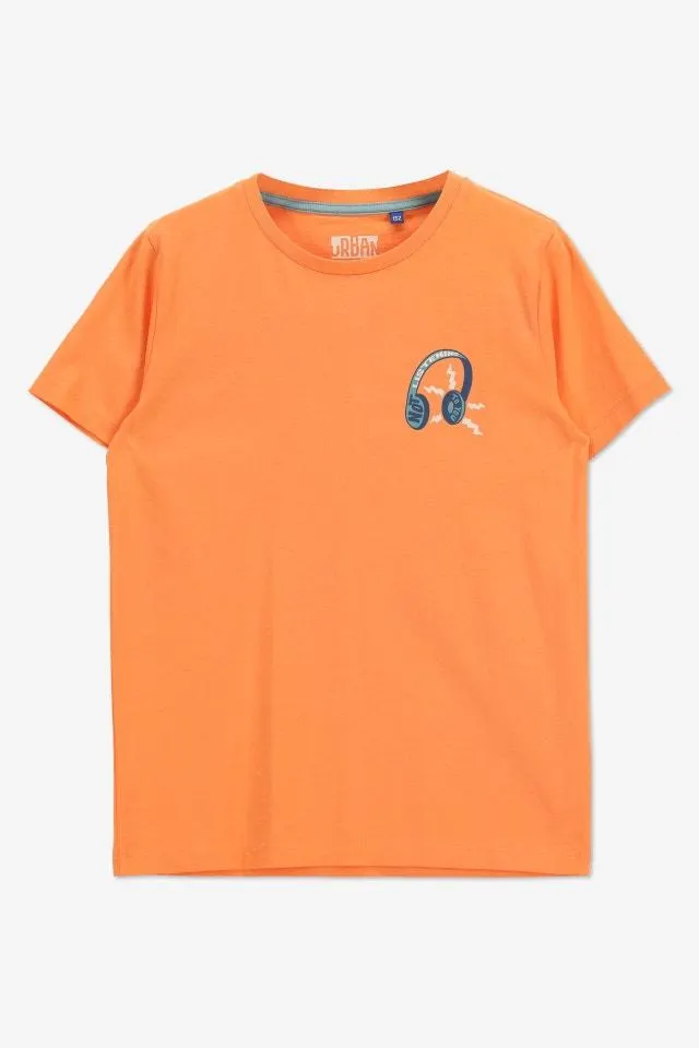 Oranje T-shirt met borstprint koptelefoon