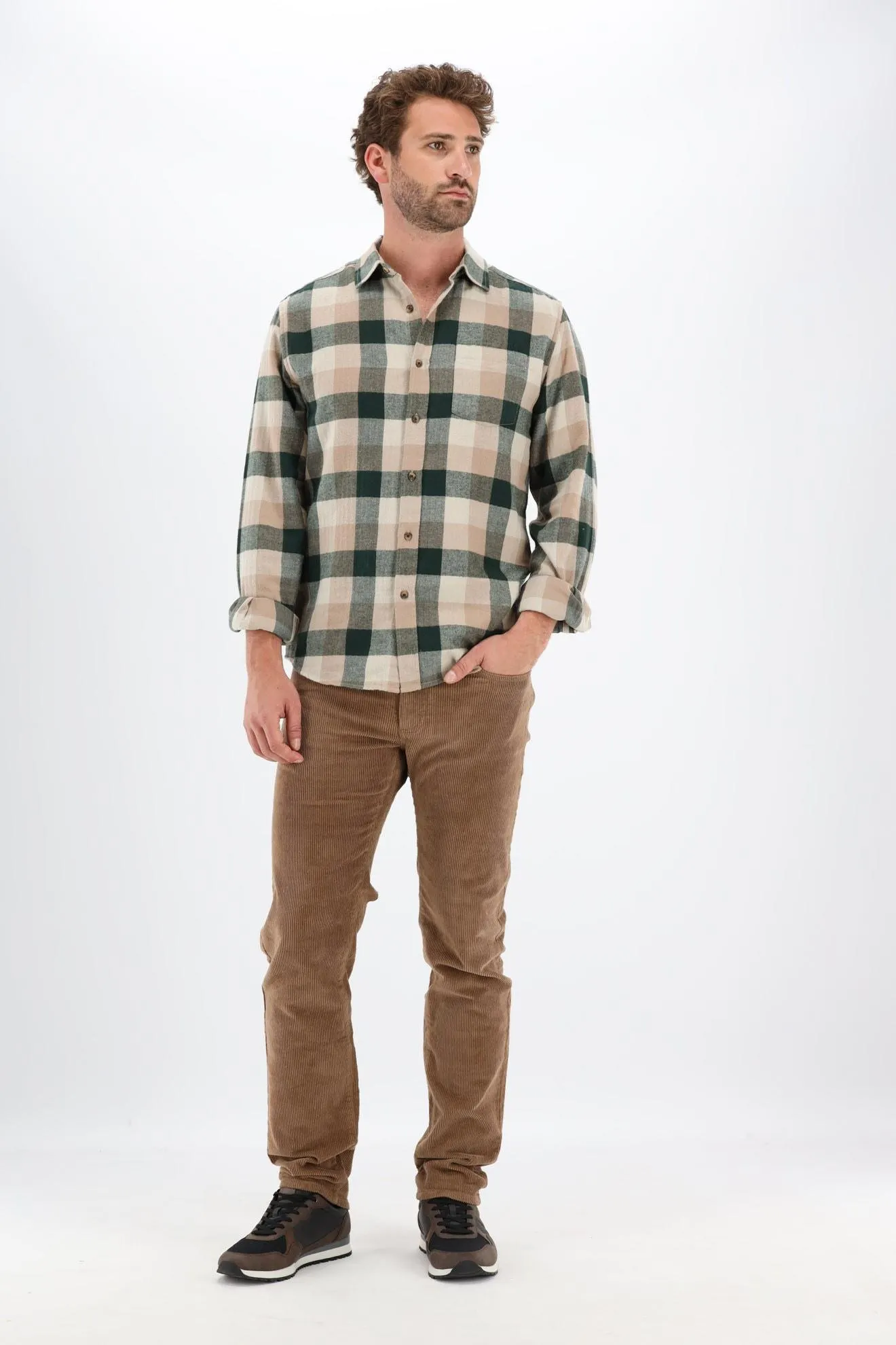 Beige/donkergroen geruit hemd