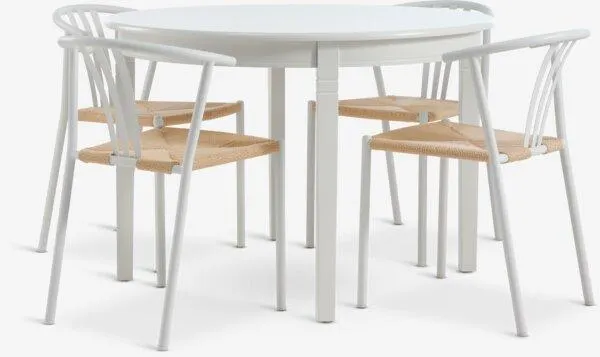KIRKEBY Ø110 tafel wit + JYDERUP stoelen wit/naturel