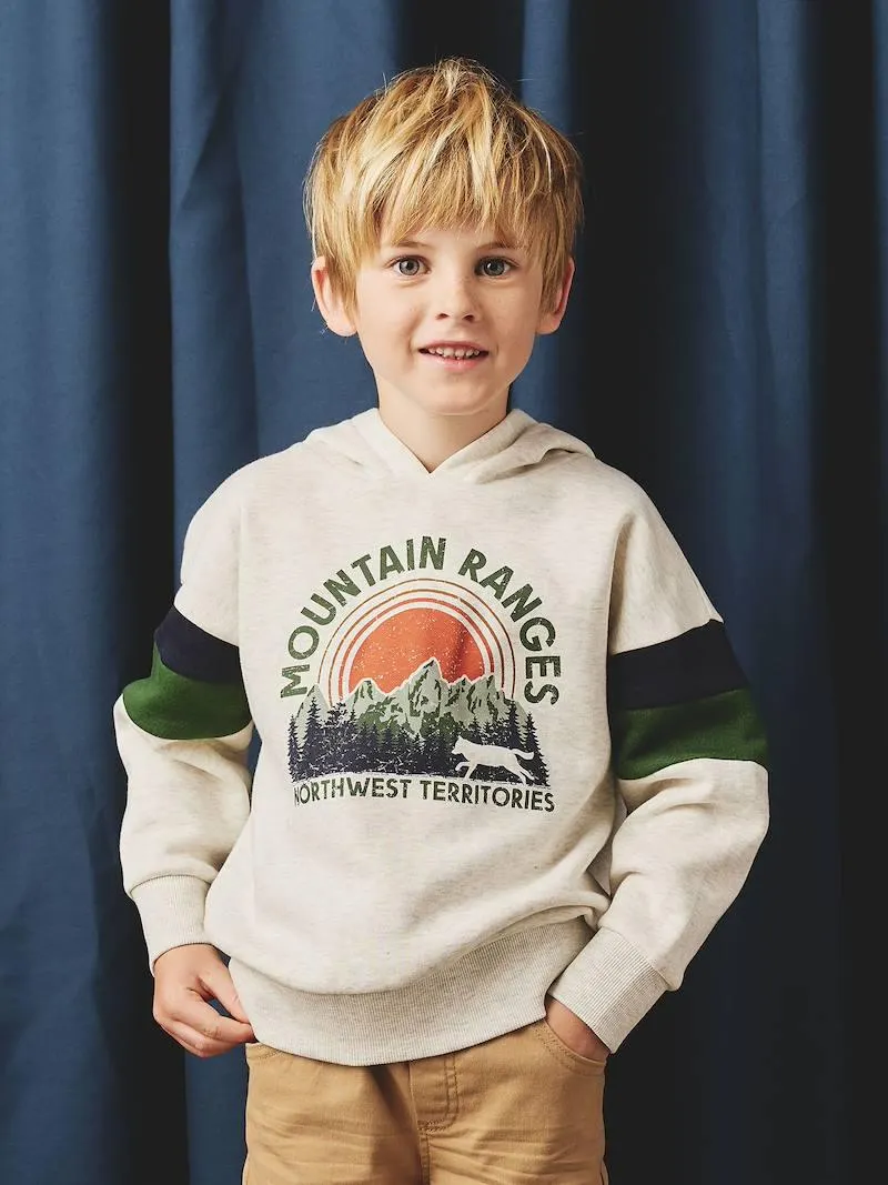 Sweat garçon à capuche motif placé - blanc chiné