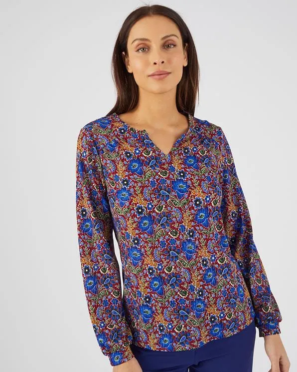 Gebloemd T-shirt in stretch crêpe stof met glanzend garen