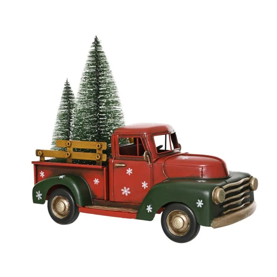 Decoris auto rood ijzer 21cm met kerstboom