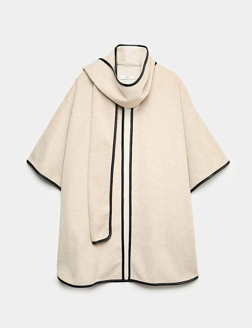 Faux Leather Trim Poncho with Scarf