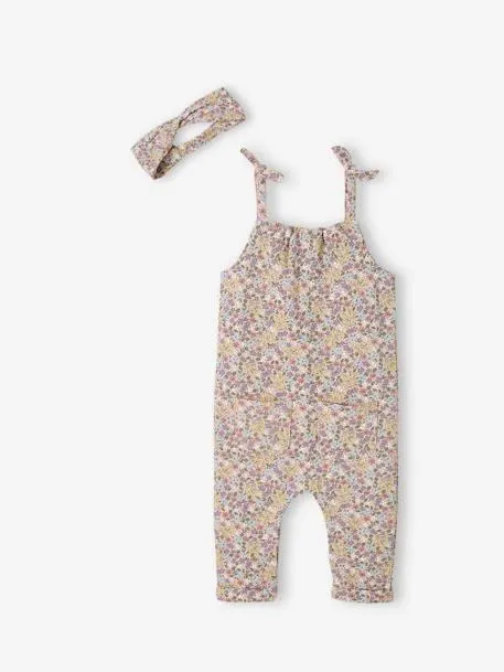 Ensemble combinaison et bandeau bébé fille en molleton - rose pâle