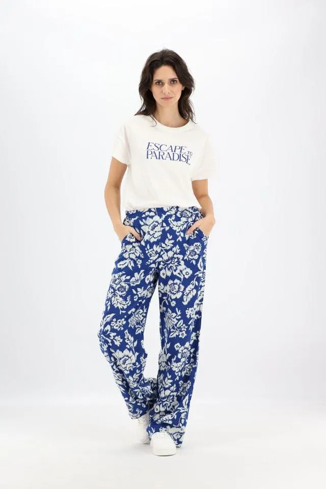 Kobaltblauw/wit geprinte lange losse broek