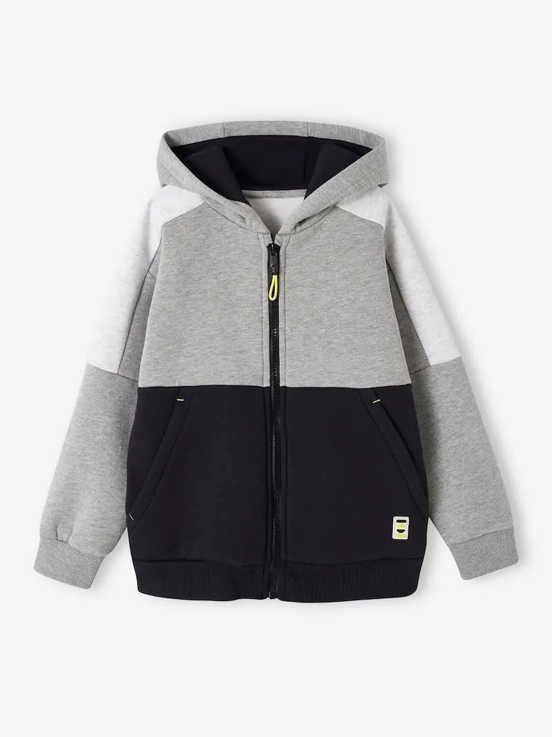 Sweat garçon zippé à capuche effet colorblock sport